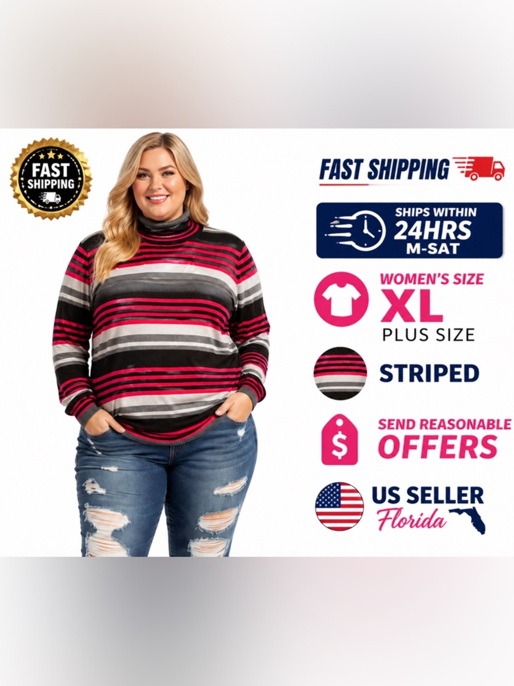 Women’s XL Denim & Co Striped Turtleneck Sweater Black Pink Pullover Top